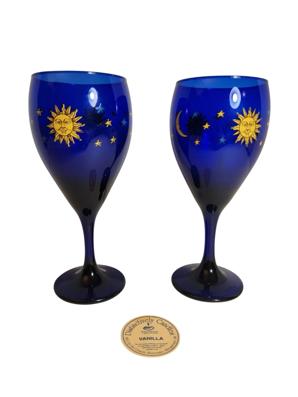 2 Rare 90's Candles Libbey Celestial Cobalt Blue Glass Goblets Moon Stars Vtg